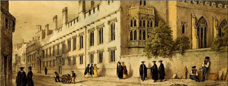 Lincoln College (detail of a hand-coloured lithograph by W.A. Delamotte, 1843).